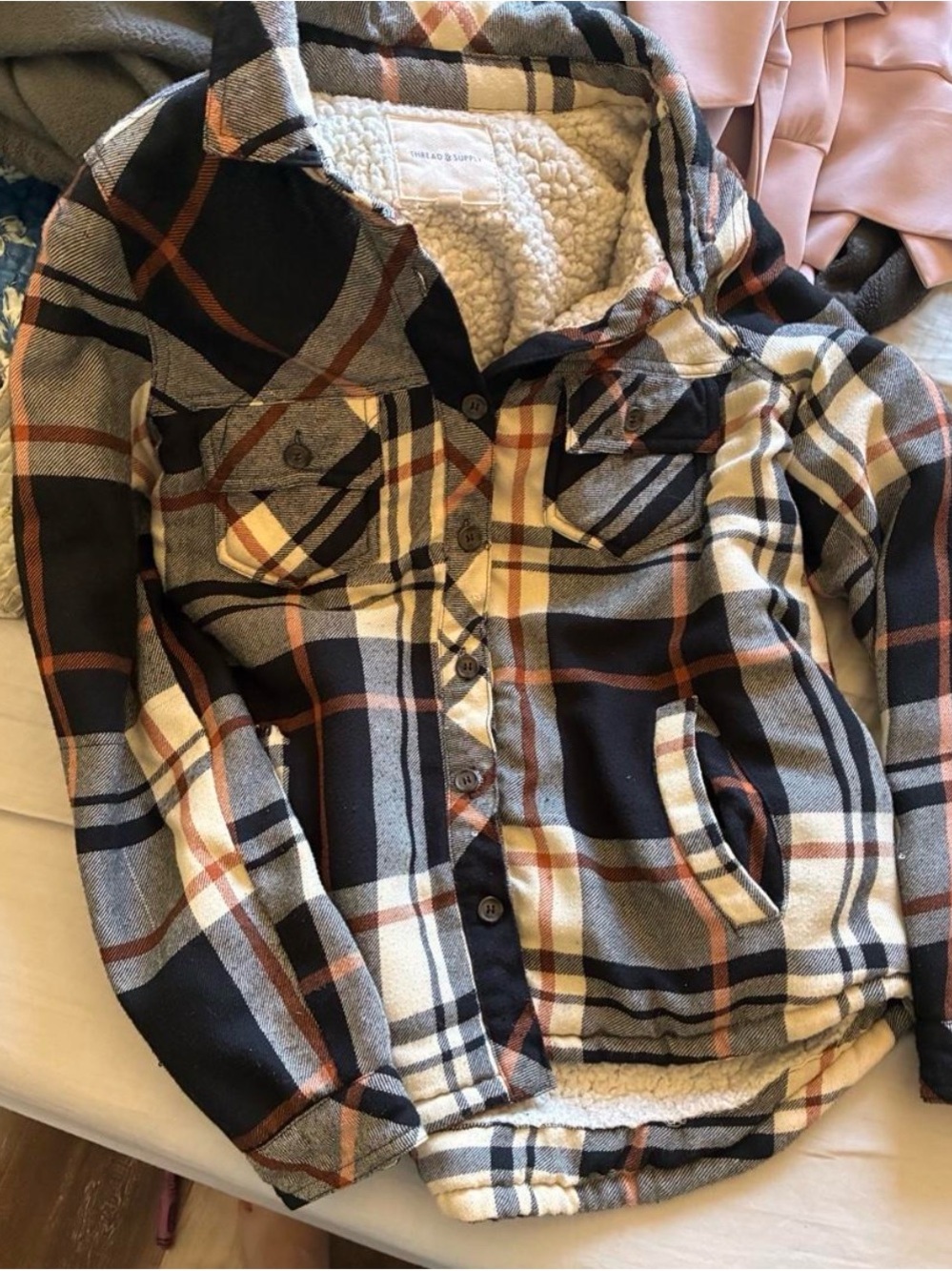 Thread & Supply Navy, Cream & Brown Plaid Sherpa Jacket